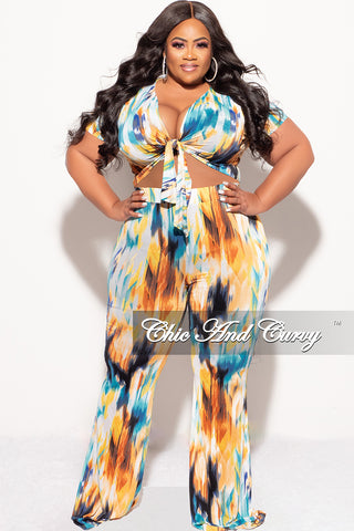 Final Sale Plus Size 2pc Collared Crop Tie Top and Pants Set in Teal and Mustard Multi Color Print