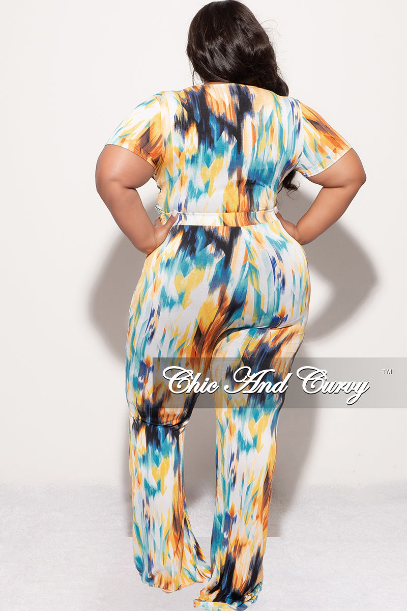Final Sale Plus Size 2pc Collared Crop Tie Top and Pants Set in Teal and Mustard Multi Color Print