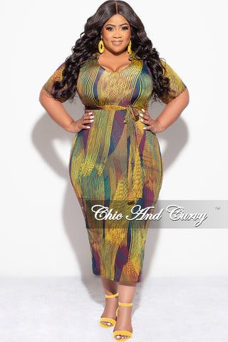 Final Sale Plus Size Collar Midi BodyCon Dress with Waist in Multi Color Stripe Print