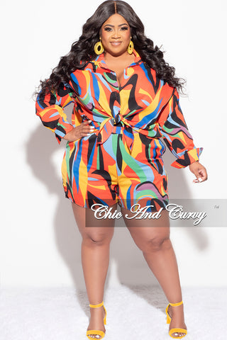 Final Sale Plus Size 2pc Collar Button Up Top And Short Set In Multi Color Design Print