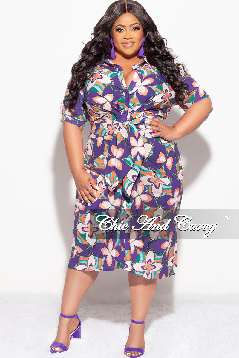 Final Sale Plus Size Satin Collar Button Up Short Sleeve Dress with Waist Tie and Ruched Bottom in Purple Floral Print
