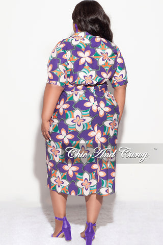 Final Sale Plus Size Satin Collar Button Up Short Sleeve Dress with Waist Tie and Ruched Bottom in Purple Floral Print