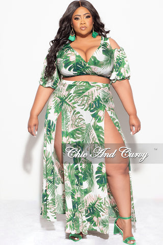 Final Sale Plus Size 2pc Faux Wrap Crop Tie Top and Double Slit Skirt Set in Pink & Green Leaf Print
