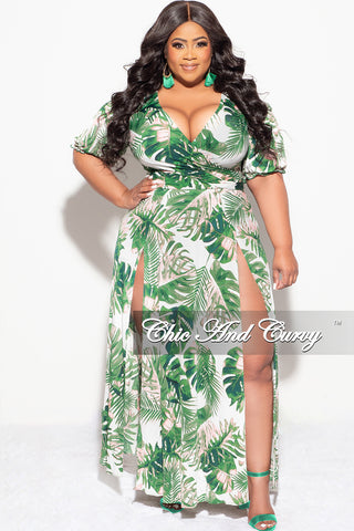 Final Sale Plus Size 2pc Faux Wrap Crop Tie Top and Double Slit Skirt Set in Pink & Green Leaf Print