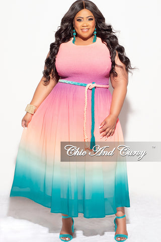 Final Sale Plus Size Chiffon Ombre Frill Dress in Pink Fuchsia Orange and Teal
