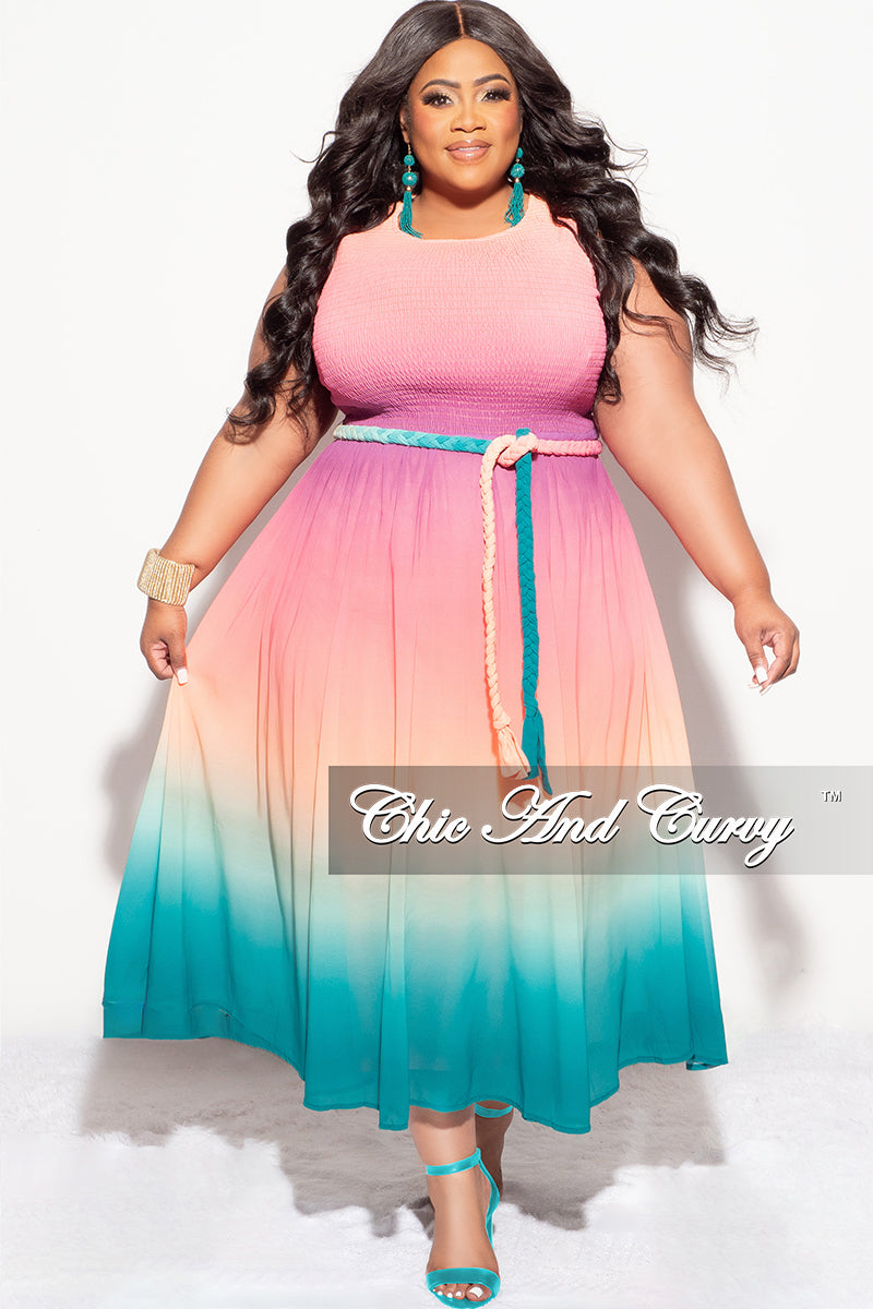 Final Sale Plus Size Chiffon Ombre Frill Dress in Pink Fuchsia Orange and Teal