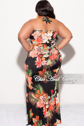 Final Sale Plus Size Halter Maxi Dress in Black Floral Print