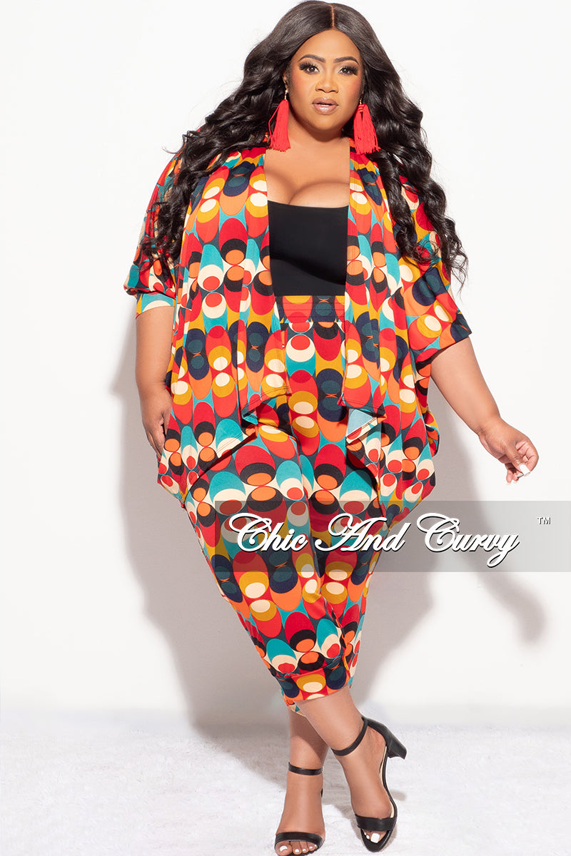Final Sale Plus Size 2pc Cardigan and Pants Set in Multi Color Circle Print