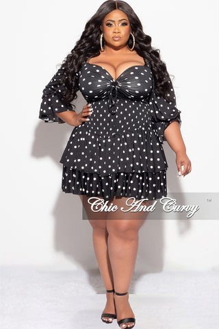 Final Sale Plus Size 2pc Set Off the Shoulder Crop Tie Top and Ruffle Layered Hem Mini Skirt in Black & White Polka Dot