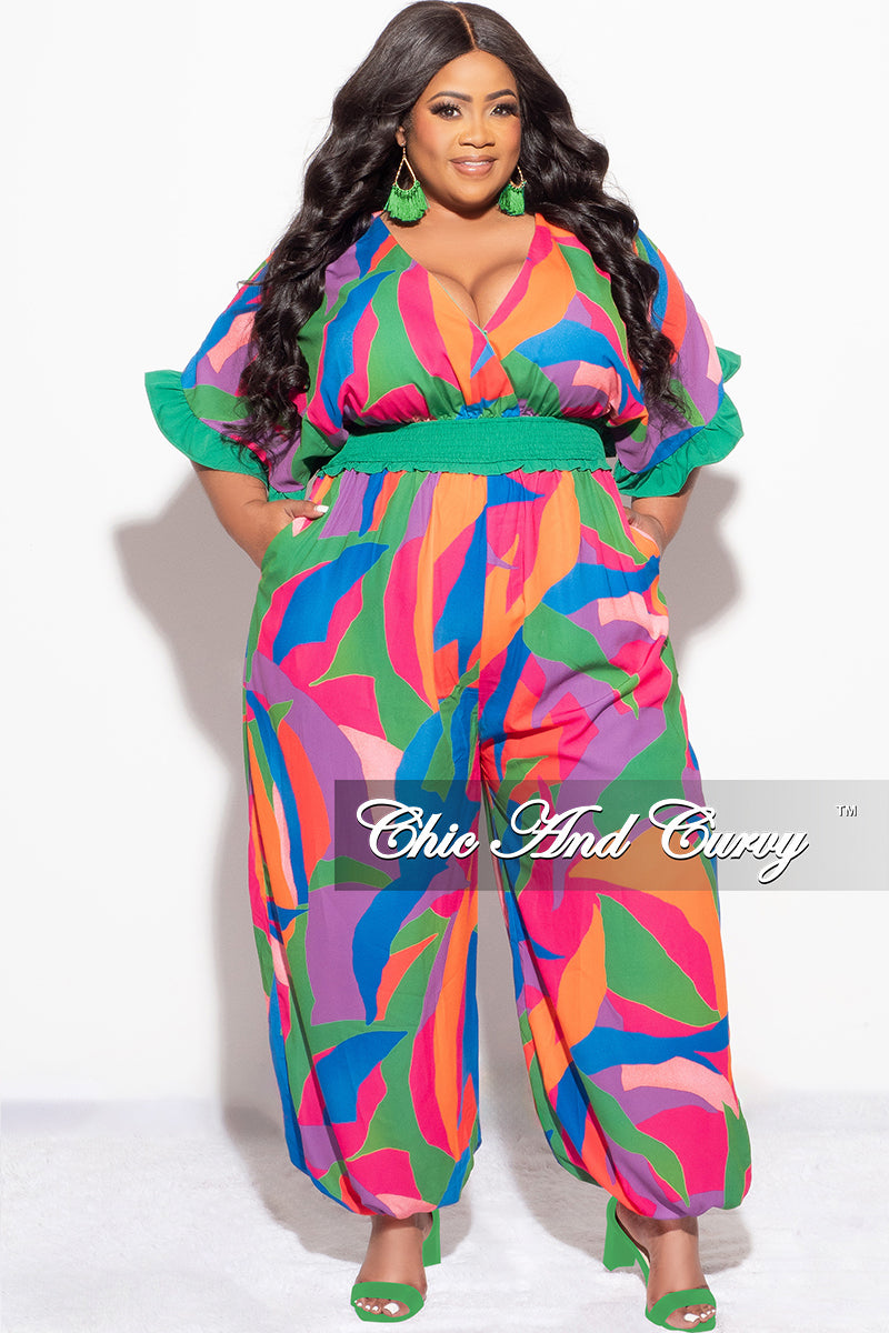 Final Sale Plus Size Chiffon Faux Wrap Jumpsuit in Multi Color Print