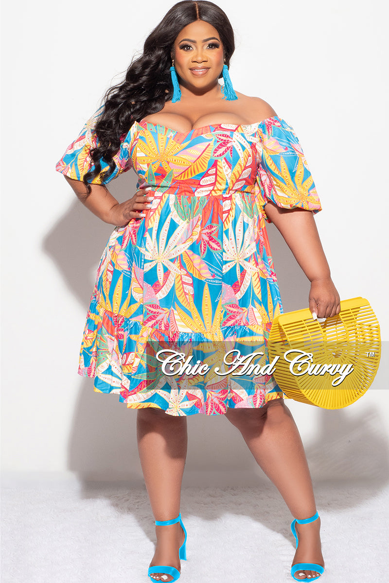 Final Sale Plus Off the Shoulder Shirred Baby Doll Dress in Multi Color Tropical Print