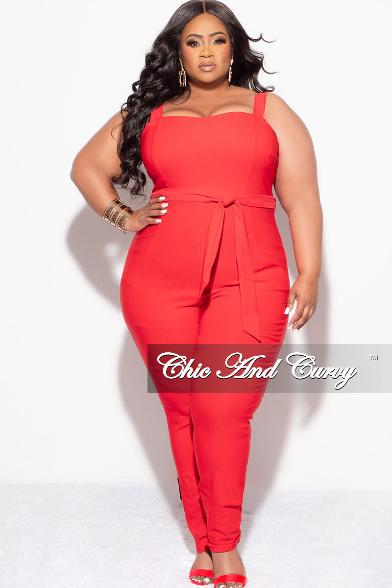 Final Sale Plus Size Sleeveless Cargo Jumpsuit in Red