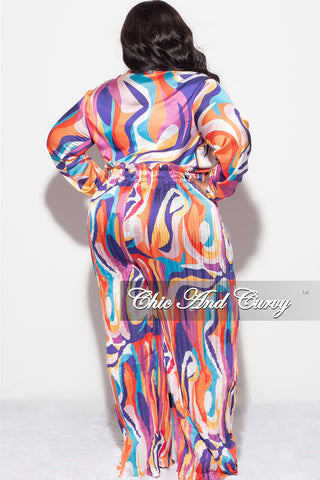 Final Sale Plus Size 2pc Satin Collar Tie Crop Top and Palazzo Pleated Pants in Multi Color Design Print