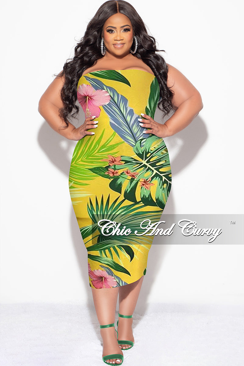 Final Sale Plus Size Strapless Tube BodyCon Dress in Yellow Tropical Flower Print
