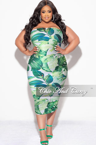 Final Sale Plus Size Strapless Tube BodyCon Dress in Green & White Leaf Print