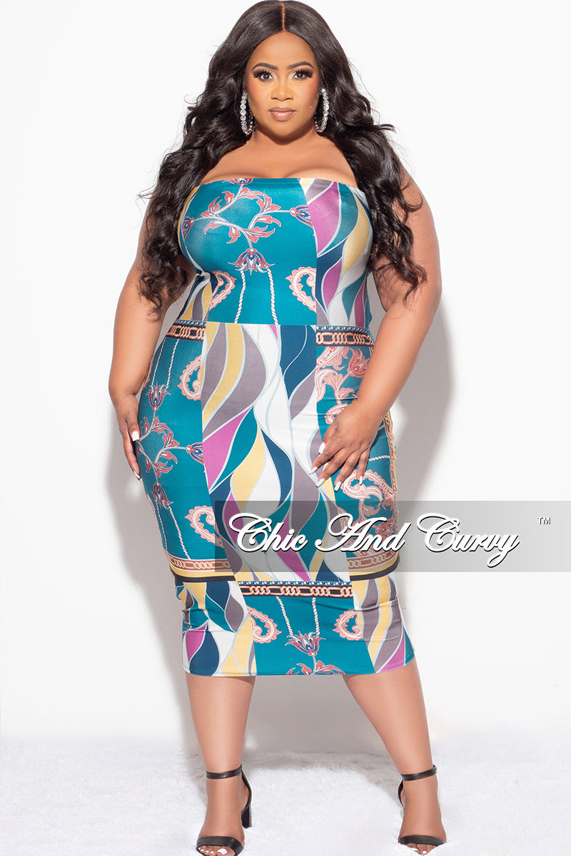 Final Sale Plus Size Strapless Tube BodyCon Dress in Multi Color Design Print