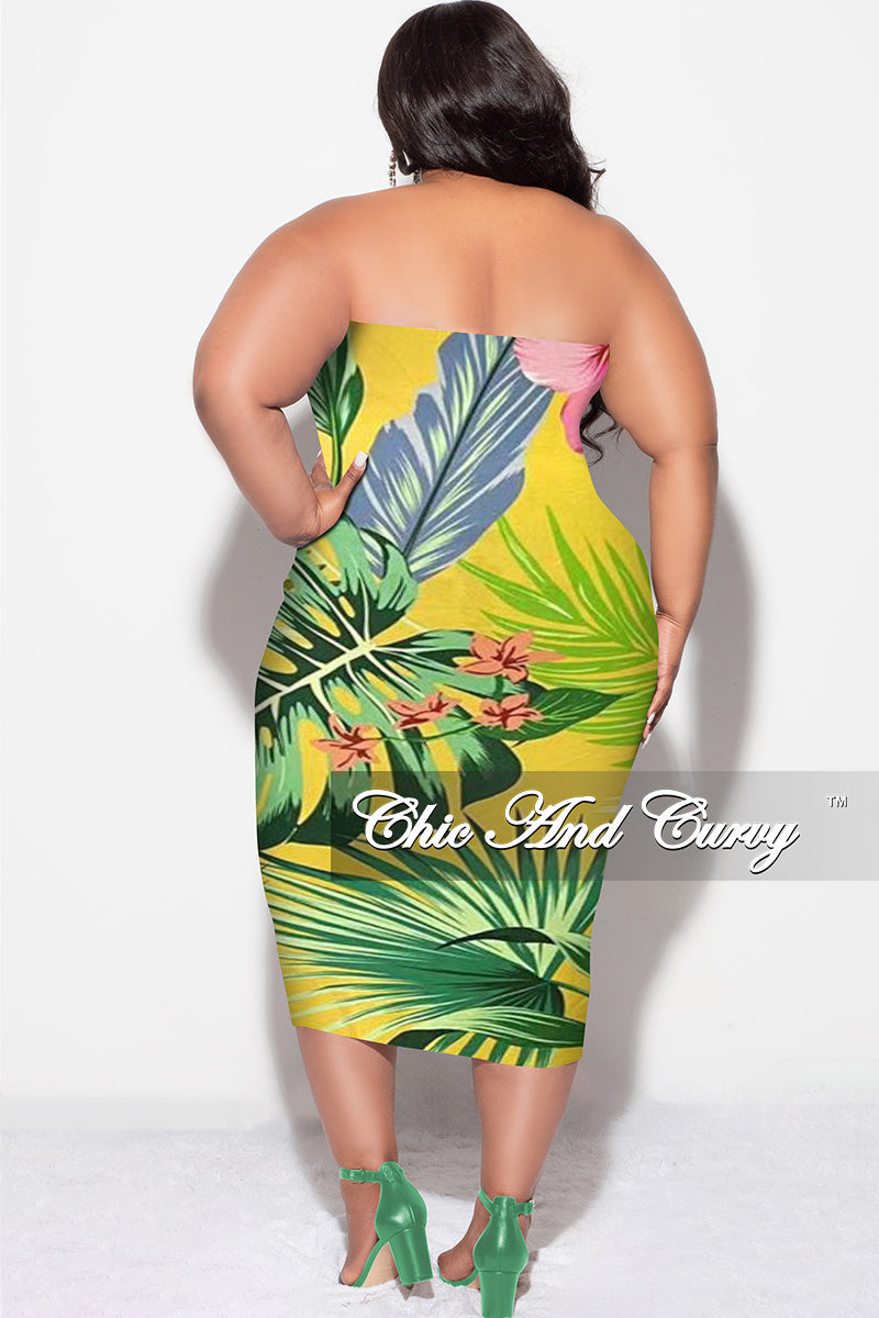 Final Sale Plus Size Strapless Tube BodyCon Dress in Yellow Tropical Flower Print