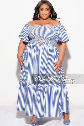Final Sale Plus Size Off the Shoulder Frill Tiered Maxi Dress in Blue and White Stripe Print