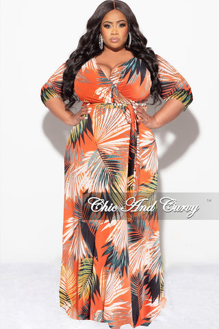 Final Sale Plus Size Faux Wrap Dress in Orange Palm Print