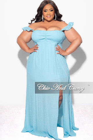 Final Sale Plus Size Off the Shoulder Smocked Maxi Dress in Soft Blue