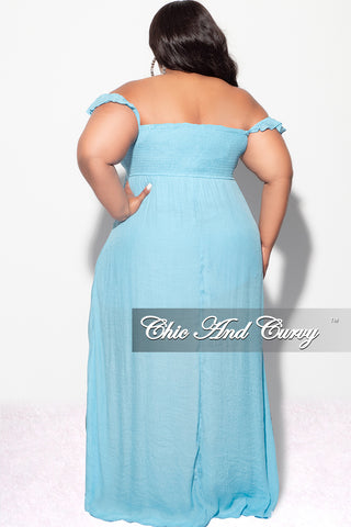 Final Sale Plus Size Off the Shoulder Smocked Maxi Dress in Soft Blue