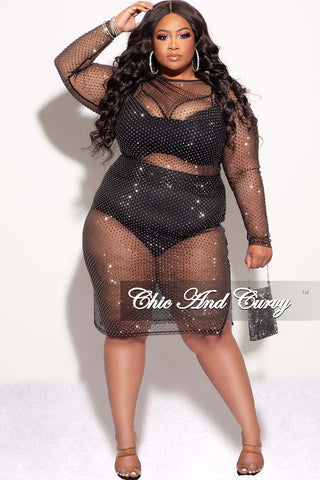 Final Sale Plus Size 2pc Sheer Diamond Studded Top and Skirt Set In Black