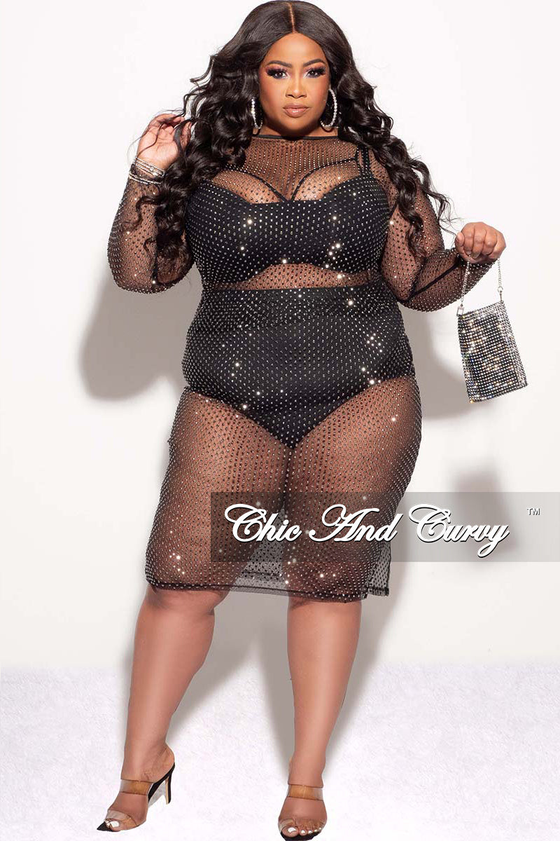 Final Sale Plus Size 2pc Sheer Diamond Studded Top and Skirt Set In Black