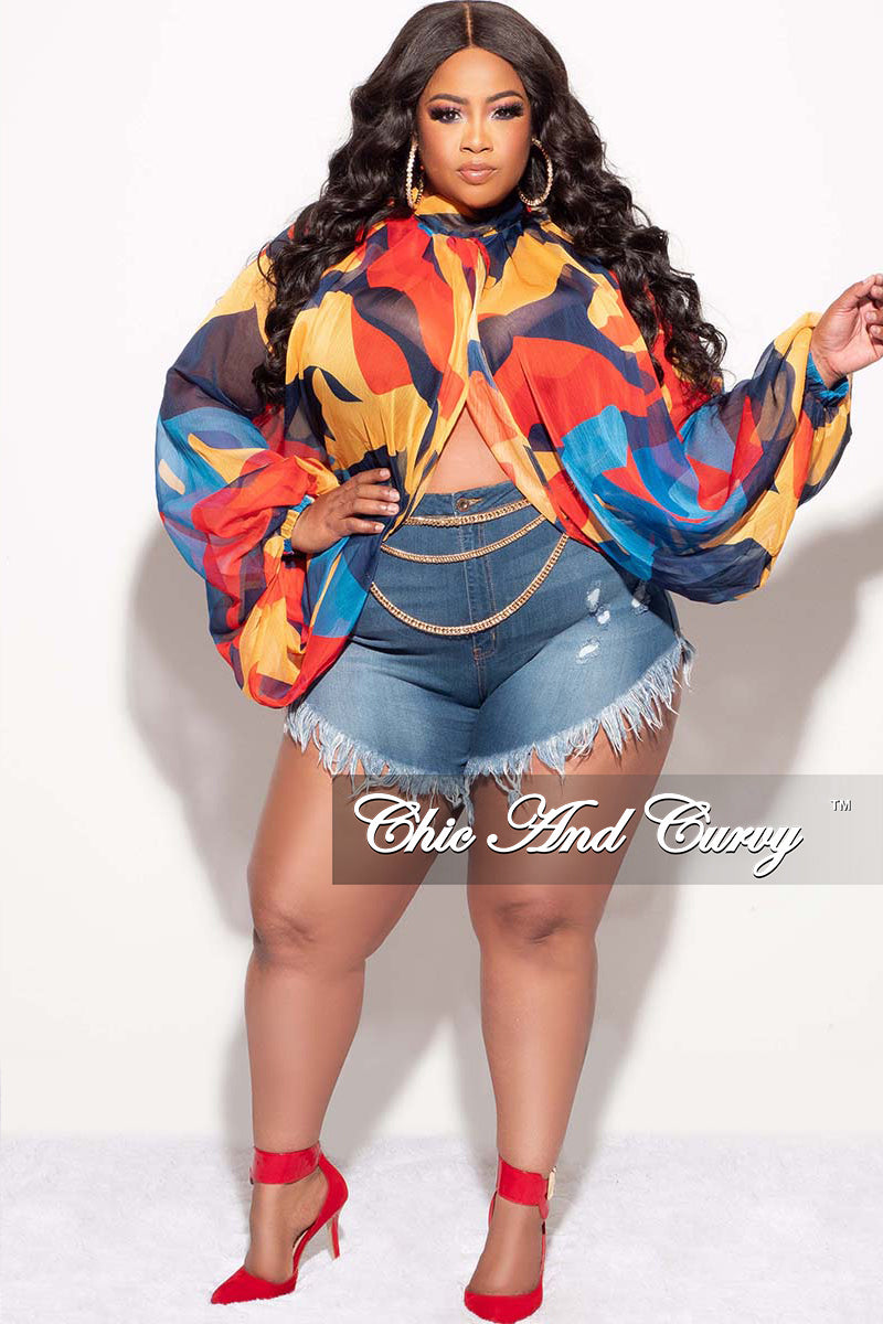 Final Sale Plus Size Sheer Balloon Sleeve Crop Top in Red Mustard and Blue