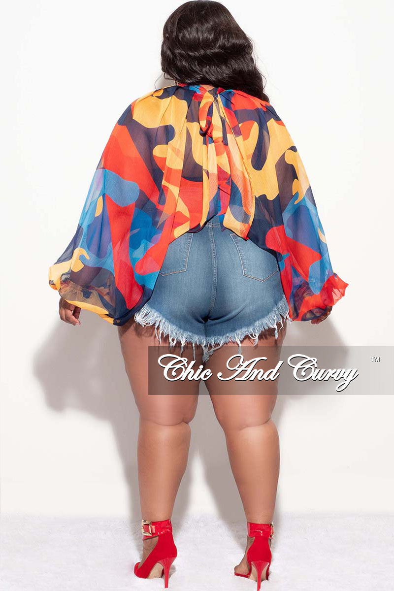 Final Sale Plus Size Sheer Balloon Sleeve Crop Top in Red Mustard and Blue
