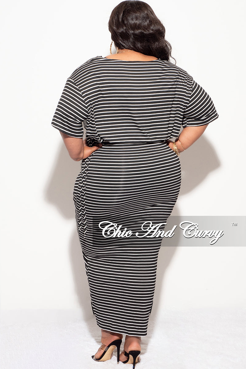 Final Sale Plus Size 2pc Crop Top and Ruched Skirt Set in Black and White Stripe Print
