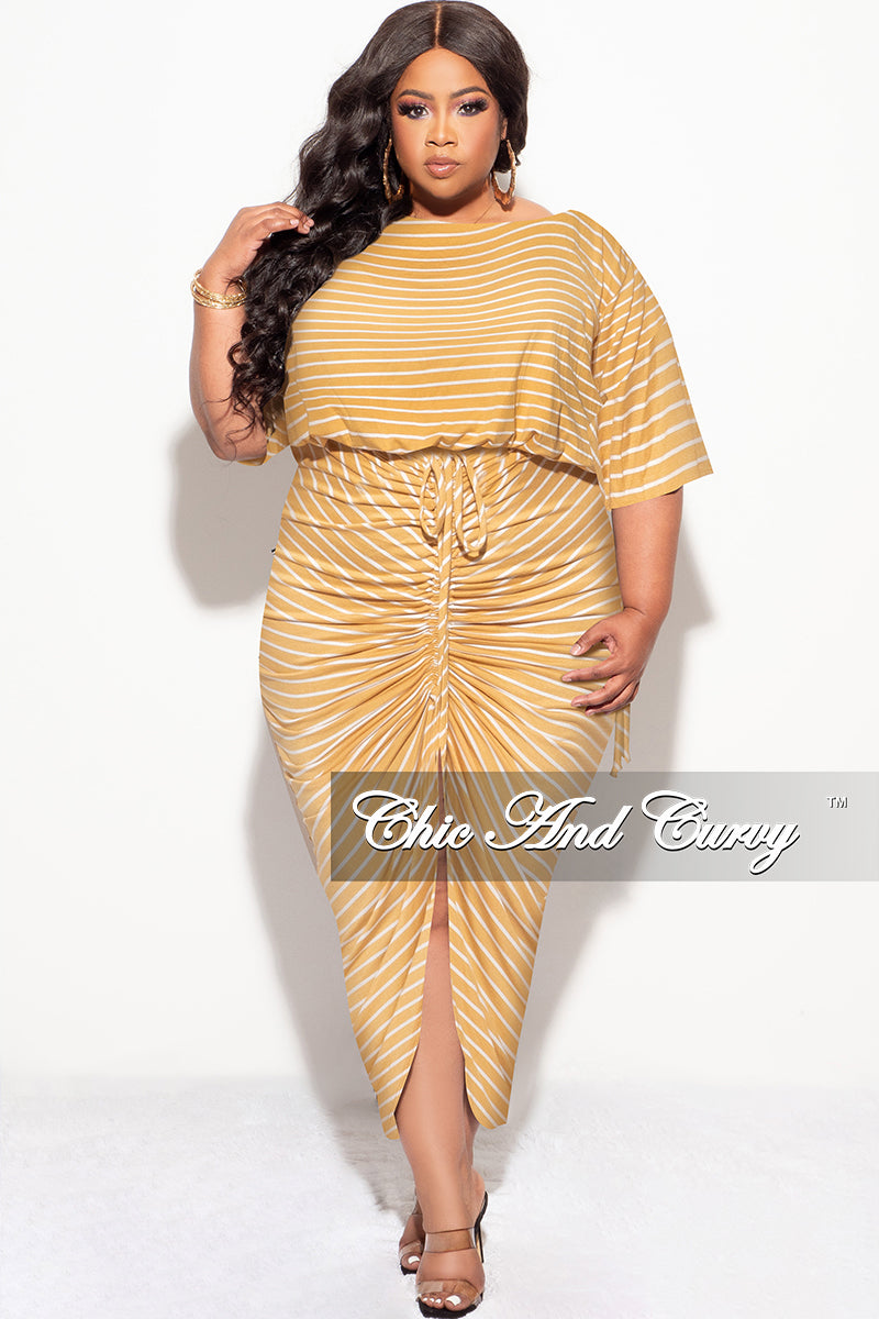 Final Sale Plus Size 2pc Crop Top and Ruched Skirt Set in Mustard and White Stripe Print