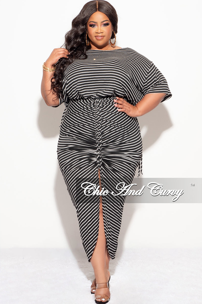 Final Sale Plus Size 2pc Crop Top and Ruched Skirt Set in Black and White Stripe Print