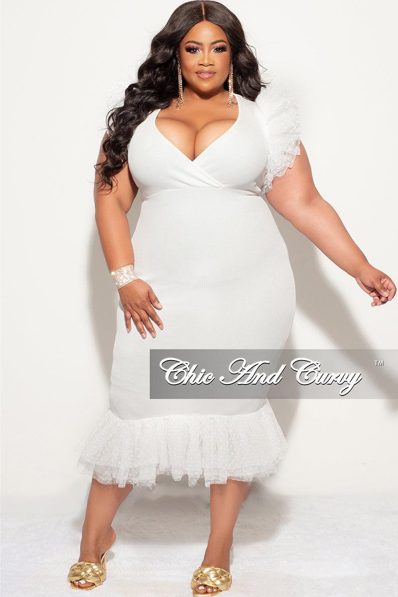 Final Sale Plus Size Ribbed Faux Wrap BodyCon Dress with Chiffon Ruffle Sleeves in White