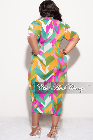 Final Sale Plus Size Collar Button Up BodyCon Dress In Multi Color Print