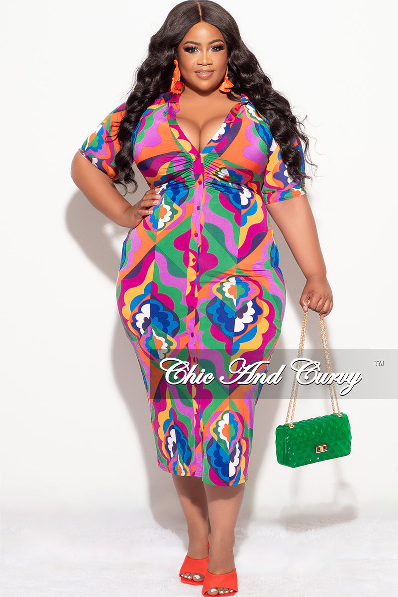 Final Sale Plus Size Collar Button Up BodyCon Dress In Multi Color "Jazzy" Print