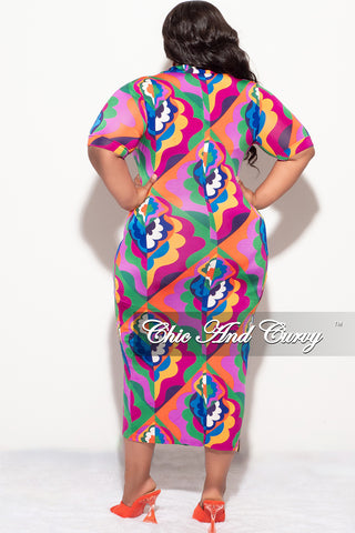 Final Sale Plus Size Collar Button Up BodyCon Dress In Multi Color "Jazzy" Print