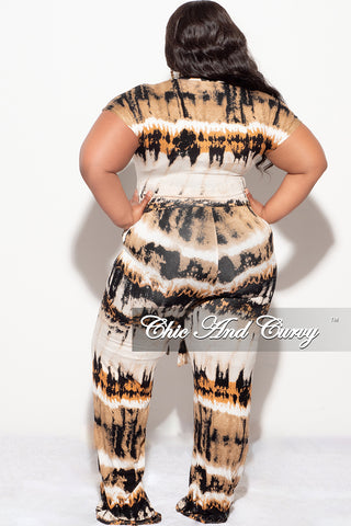 Final Sale Plus Size 2-Piece Short Sleeve Tie Top and Pants Set in Ivory, Tan, Mustard and Black