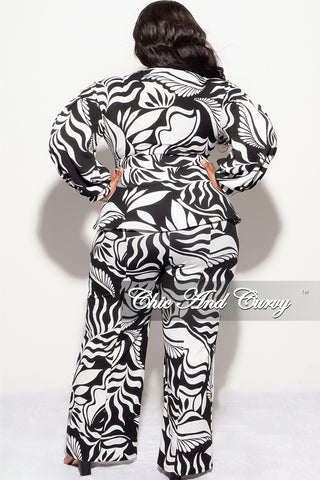 Final Sale Plus Size Collared Faux Wrap Peplum Tie Top and Pants 2pc Set in White and Black Design Print