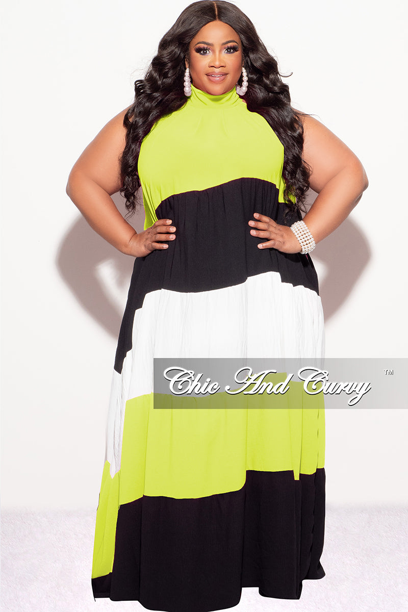 Final Sale Plus Size Halter Maxi Dress In Lime Black and White