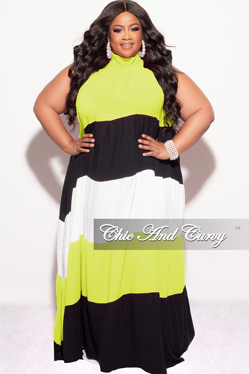 Final Sale Plus Size Halter Maxi Dress In Lime Black and White Final Sale Plus Size Halter Maxi Dress In Lime Black and White