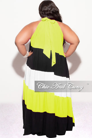 Final Sale Plus Size Halter Maxi Dress In Lime Black and White