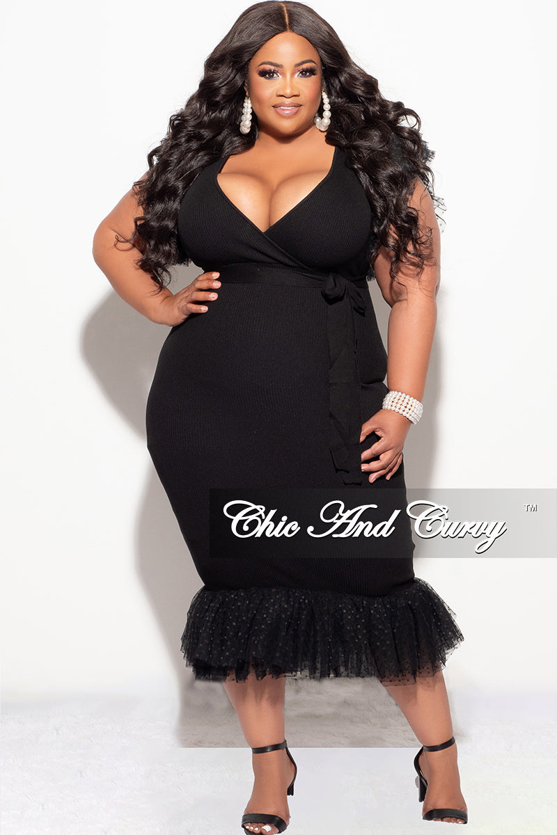 Final Sale Plus Size Ribbed Faux Wrap BodyCon Dress with Chiffon Ruffle Sleeves in Black