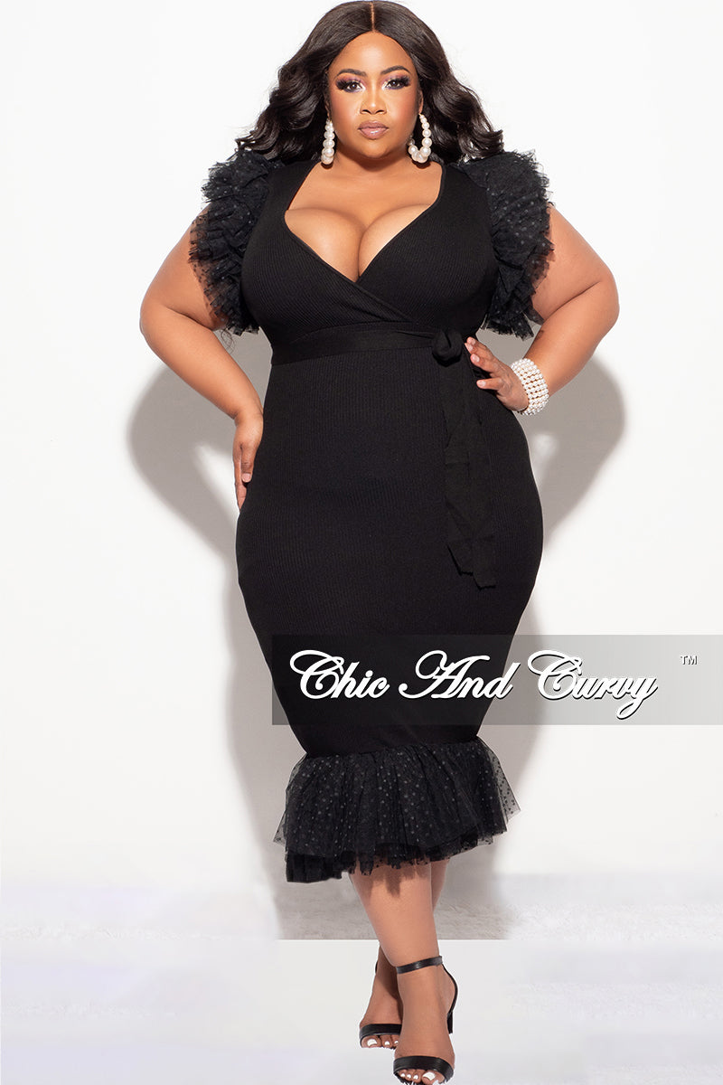 Final Sale Plus Size Ribbed Faux Wrap BodyCon Dress with Chiffon Ruffle Sleeves in Black
