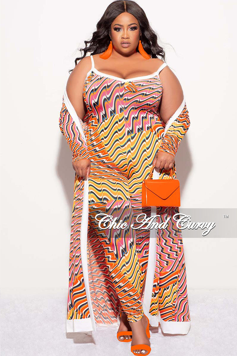 Final Sale Plus Size 2pc Duster & Spaghetti Strap Jumpsuit Set in Orange Multi Color Print
