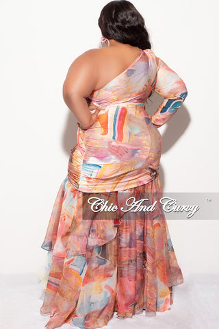 Final Sale Plus Size 2pc Chiffon One Shoulder Crop Tie Top and Asymmetrical Highlow Ruffle Layered Skirt Set in Multi Color Print