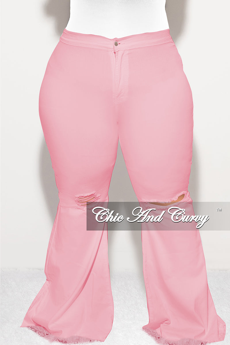 Final Sale Plus Size Wide Leg Denim Jeans with Distressed Knee in Pink