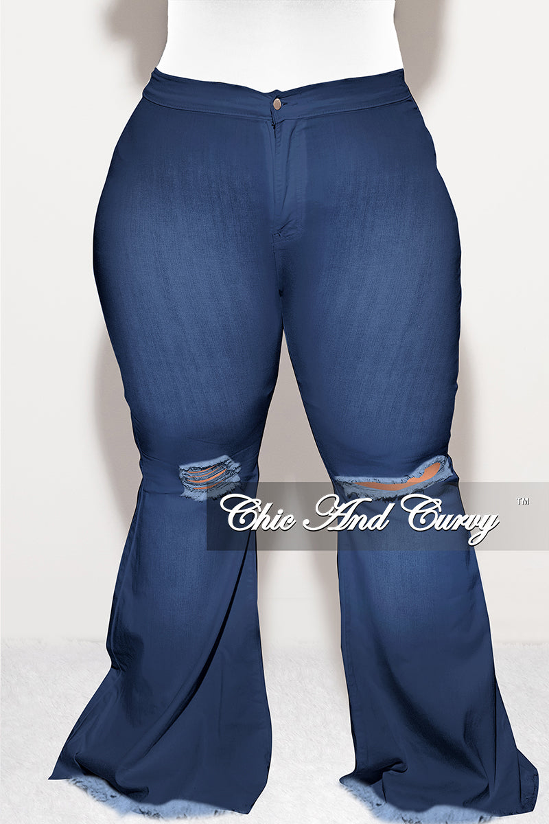 Final Sale Plus Size Wide Leg Denim Jeans with Distressed Knee in Dark Blue