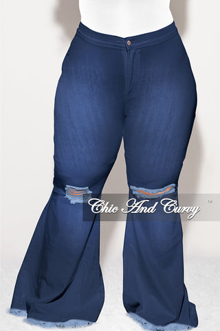 Final Sale Plus Size Wide Leg Denim Jeans with Distressed Knee in Dark Blue