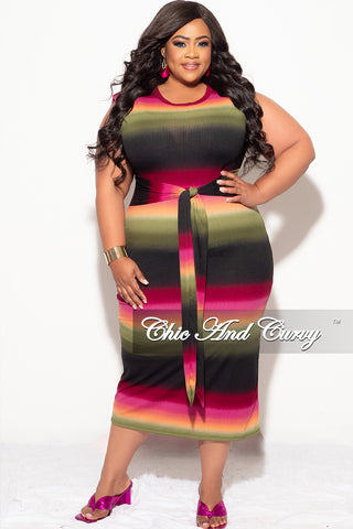 Final Sale Plus Size Light Ribbed Sleeveless Shoulder Pad Midi Dress with Waist Tie in Olive Multi Color Print