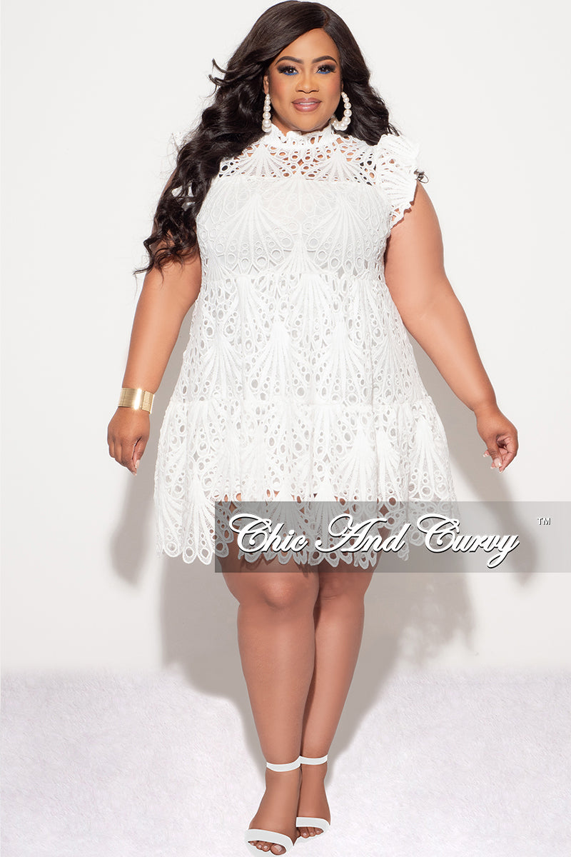 Final Sale Plus Size Eyelet Embroidery Ruffle Hem Dress in White